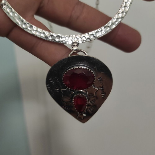 Ethnic Silver Necklace with Garnet Stone New, 40 cm Chain