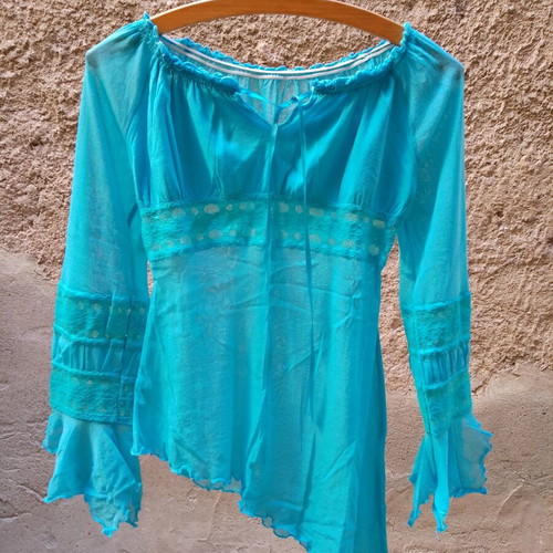 Asymmetric Sheer Blouse Turquoise new, size Small