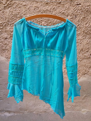 Asymmetric Sheer Blouse Turquoise new, size Small