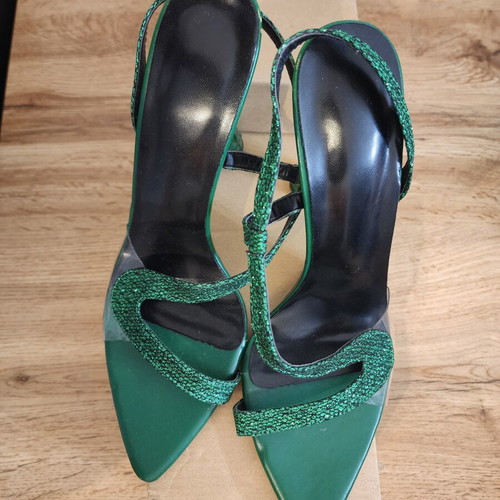 Coiled snake sculptural heel sandals, green, size 40