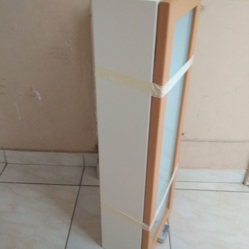 Bathroom cabinet used, lacquered ecru with oak frame and frosted glass door