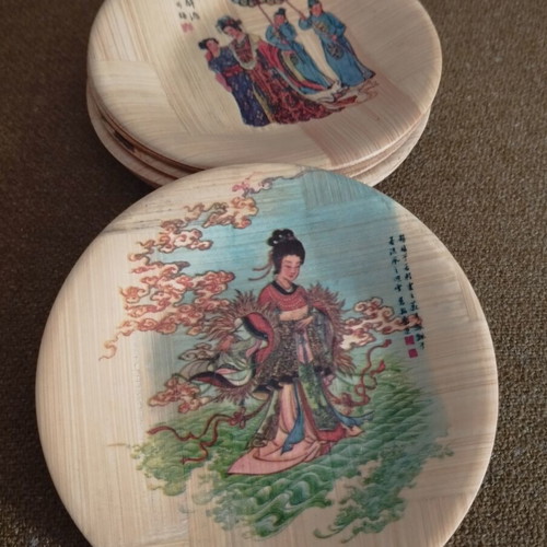 Vintage bamboo decorative plates set of 6, 11cm, like new