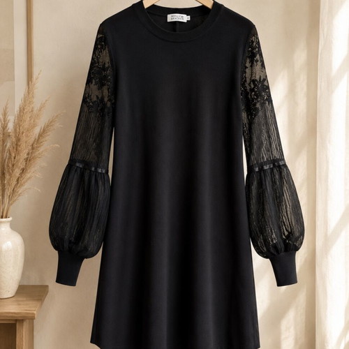 Molly Bracken black dress size L like new with lace balloon sleeves
