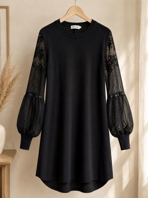 Molly Bracken black dress size L like new with lace balloon sleeves
