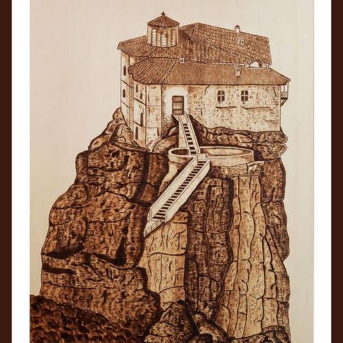 Meteora Rousanou Monastery Pyrography Painting new on linden wood