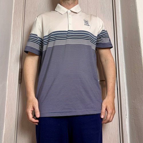 Adidas TPC Scottsdale Men's Golf Polo Shirt Large White Blue Striped Short Sleeve with Collar