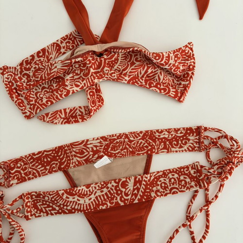 Very very small sexy bikini with triple side ties, white and orange