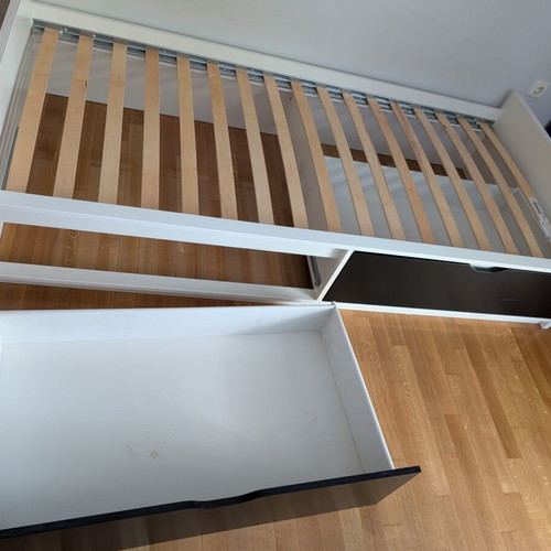 Bed frame with 2 storage boxes, like new