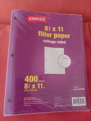 Staples 8 1/2 x 11 filler paper used, college ruled, 300+ sheets