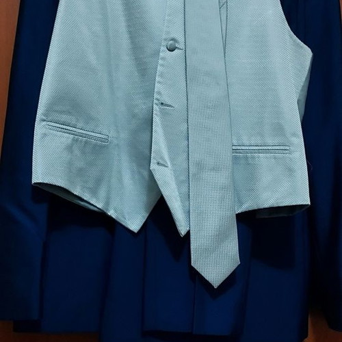 Groom suit Large blue, worn once with jacket, vest, shirt, pants, 2 ties and bow tie