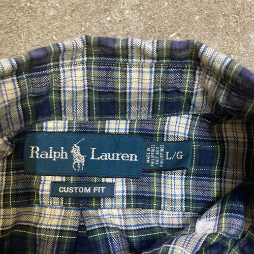 Ralph Lauren Oxford long sleeve shirt, grey green blocked, dark green pony, size L