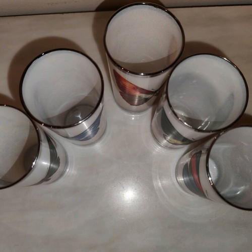 Vintage opaline glasses (5) with butterfly motifs and silver rim refurbished