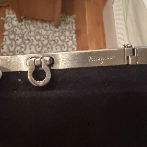 Salvatore Ferragamo black velvet clutch with silver metal frame