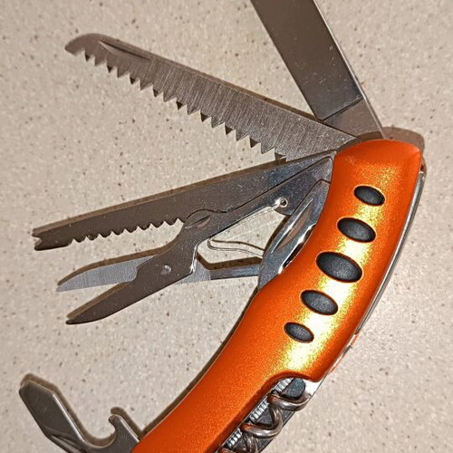 Swiss Army style multi-tool, orange, stainless steel