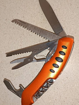 Swiss Army style multi-tool, orange, stainless steel