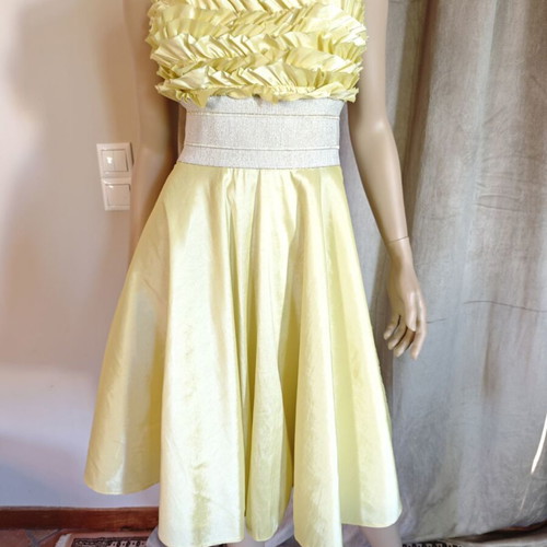 Vintage satin dress s/m with petticoat, strapless with optional straps, yellow