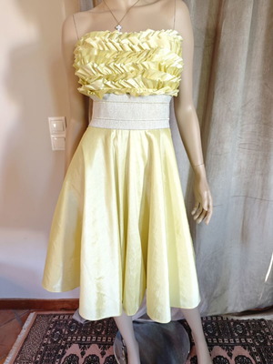 Vintage satin dress s/m with petticoat, strapless with optional straps, yellow