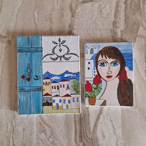 Handmade Mediterranean Style Paintings Set of 2 on Canvas new