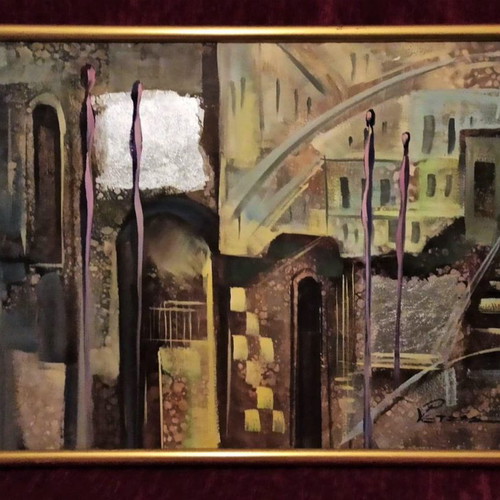 Painting R. Retzas (City) new, mixed media on canvas
