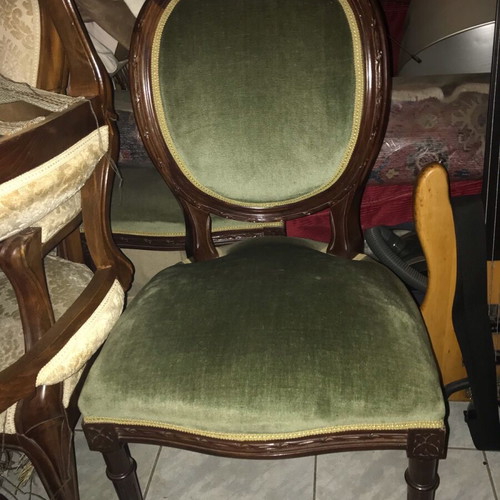 Vintage dining chair used, handmade walnut wood, olive velvet fabric