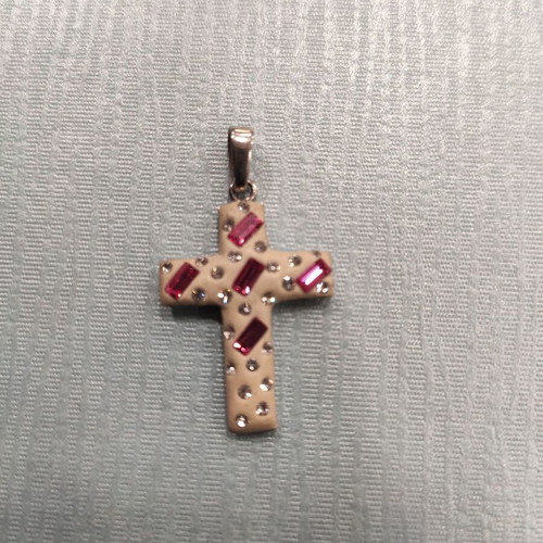 Silver cross with white and pink zircon stones new