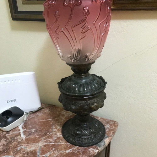 Antique lamp used with brass base and opaline shade