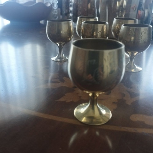 Vintage bronze liqueur glasses set of 6 used with intricate engraving