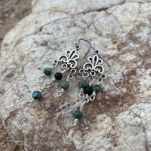 Handmade boho earrings with African turquoise jasper, silver-plated hooks