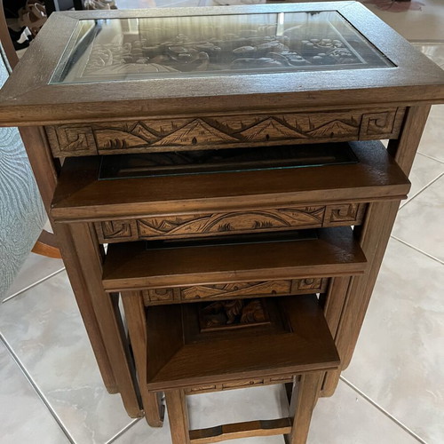 Chinese carved wooden coffee table set with six stools and four nesting tables like new