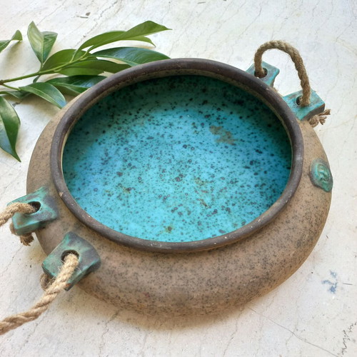 Ceramic platter with rope handles, turquoise interior, like new