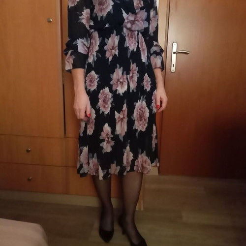 Floral dress midi long-sleeve with lining in blue and pink