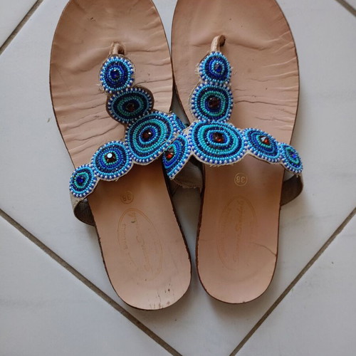 Beaded leather sandals used, size 38, blue and turquoise