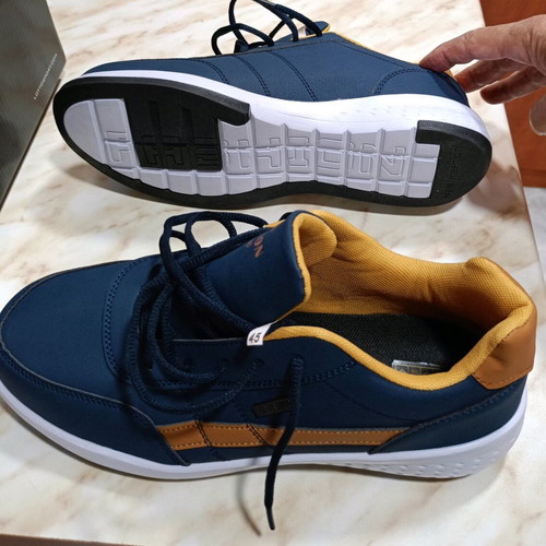 Leather sneakers new, beige and blue, size 45