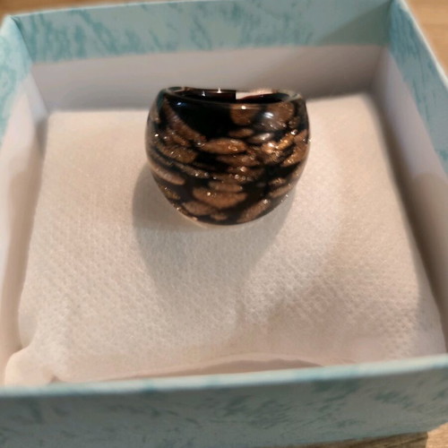 Vintage handmade Murano Glass ring new, black with gold aventurina