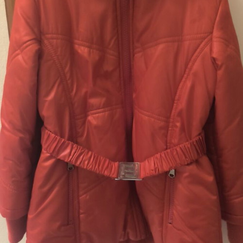 Mandarino red jacket with belt and hidden hood, like new, 3 years