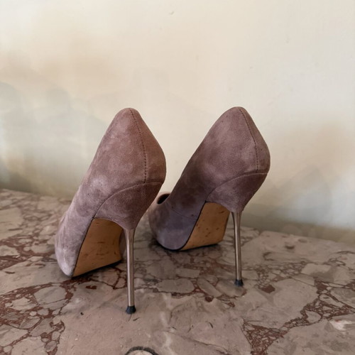 Zara Woman suede platform pumps used, gray with metallic heel