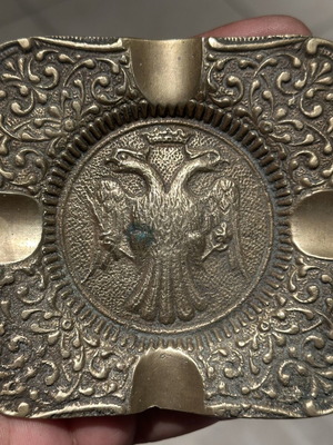 Vintage Greek Brass Ashtray with Double-Headed Eagle used 9x9cm