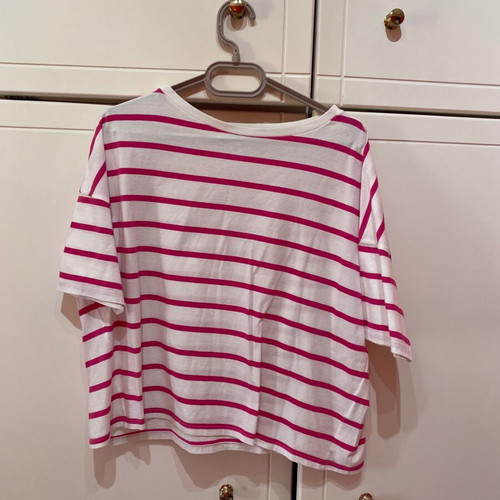 Benetton short-sleeve blouse like new, white with pink stripes