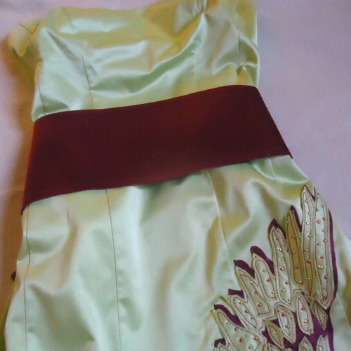 Evening dress L green purple strapless knee-length like new