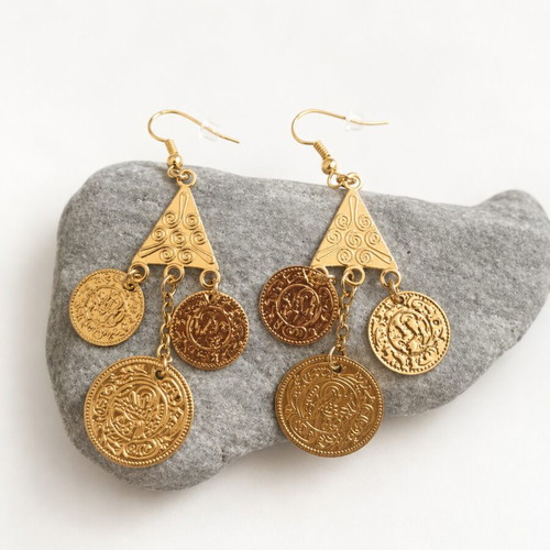 Traditional earrings with gold-tone coins, new