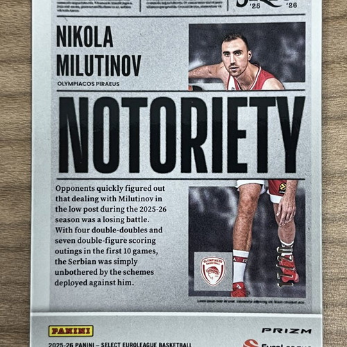 2025-26 Panini Select Euroleague Basketball Nikola Milutinov Notoriety Red Mojo card like new
