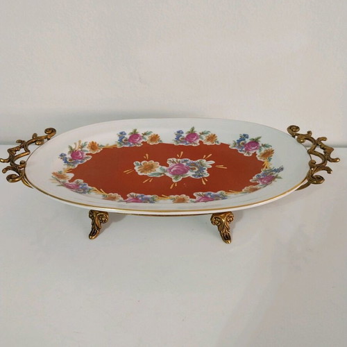 Vintage Furstenberg Germany porcelain serving tray with metal frame