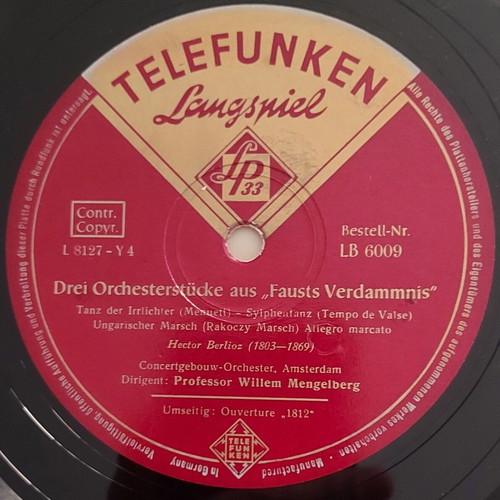 Berlioz Tschaikowsky Fausts Verdammnis Ouverture 1812 10" LP Telefunken