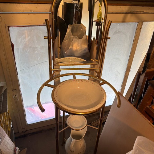 Antique washstand with mirror, porcelain and brass base like new