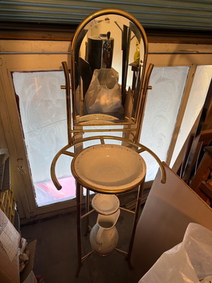 Antique washstand with mirror, porcelain and brass base like new