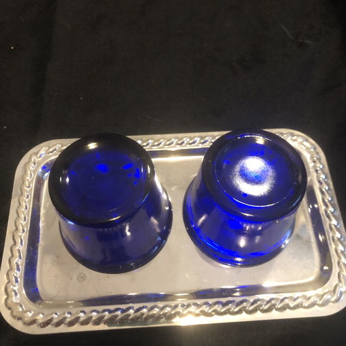 Vintage Art Nouveau salt and pepper set with cobalt blue glass, like new