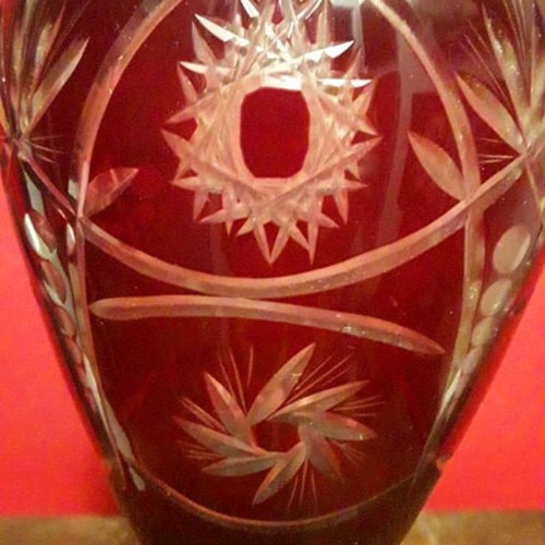 Bohemian heavy crystal vase used, deep red color