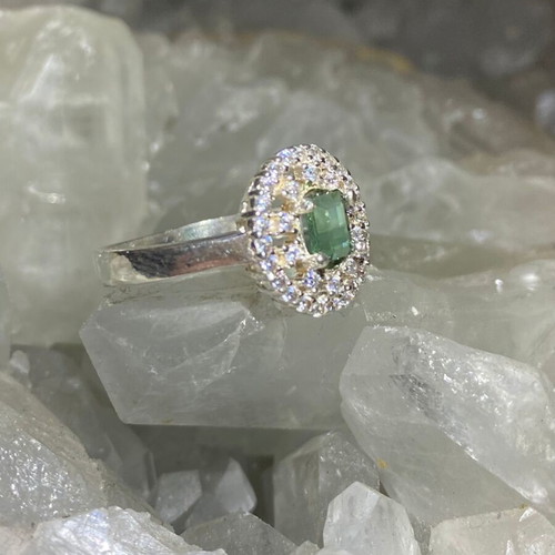 Silver ring with natural emerald and moissanite, new