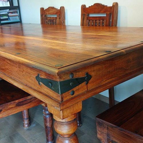 Indian Art Palace dining set, handmade solid wood with metal details