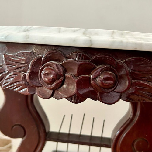 Classic console entry table with marble like new, mahogany